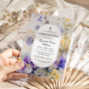 Rustic Watercolor Purple & Yellow Christening Invitation