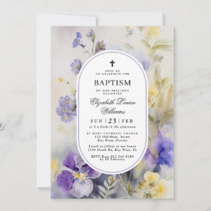 Rustic Watercolor Purple & Yellow Flowers Baptism Invitation