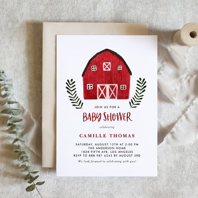 Rustic Watercolor Red Barn Baby Shower QR Code Invitation (This rustic farm baby shower QR code invitation features a watercolor red barn illustration.)