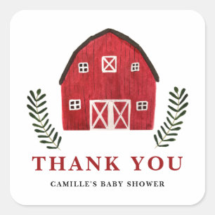 Rustic Watercolor Red Barn Baby Shower Thank You Square Sticker