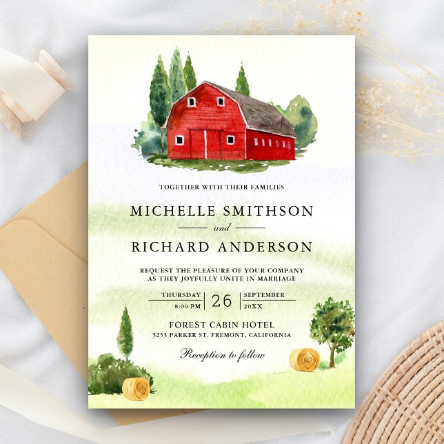 Rustic Watercolor Red Barn Rural Farm Wedding Invitation (Creator Uploaded)