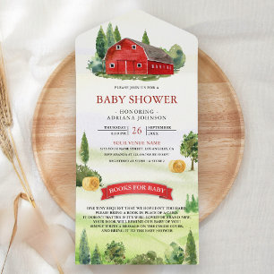 Rustic Watercolor Red Barnyard Farm Baby Shower All In One Invitation