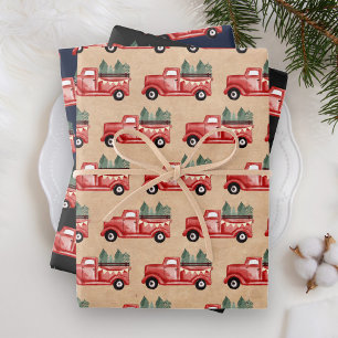 Rustic Watercolor Red Christmas Truck Wrapping Paper Sheet