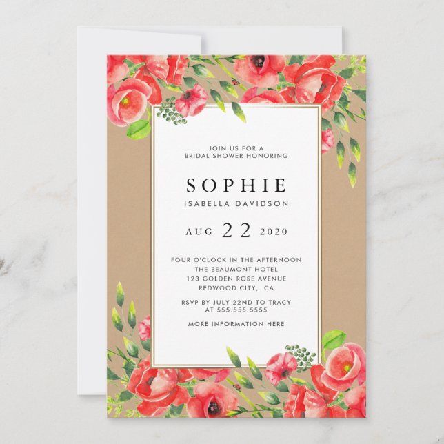 Rustic Watercolor Red Poppies Floral Bridal Shower Invitation (Front)