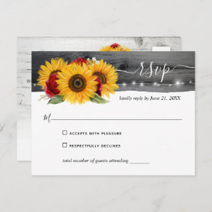 Rustic Watercolor Red Rose Sunflower Wedding RSVP Postcard