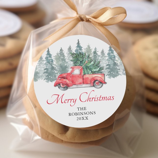 Rustic Watercolor Red Truck Christmas Holidays Classic Round Sticker (Creator Uploaded)