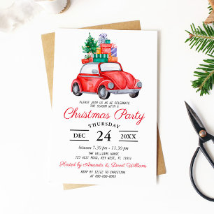 Rustic Watercolor Red Truck Christmas Party Invitation