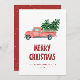 Rustic Watercolor Red Truck Merry Christmas Card