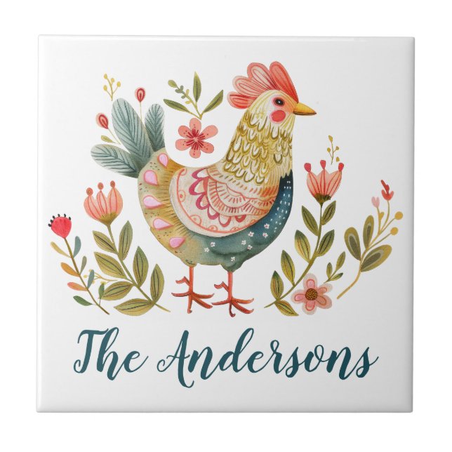 Rustic Watercolor Rooster Kitchen Decor Tile (Front)