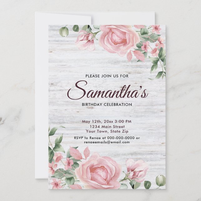 Rustic Watercolor Rose Birthday Party  Invitation (Front)