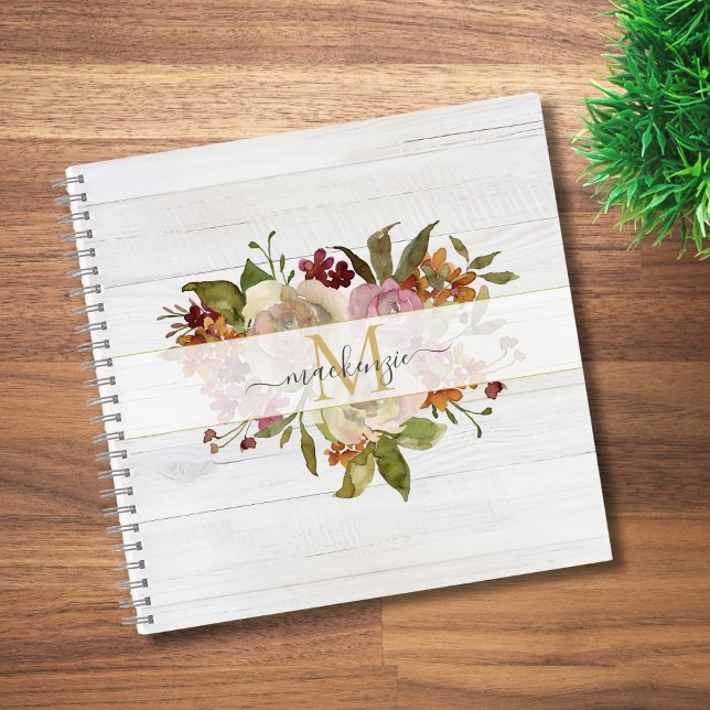 Rustic Watercolor Rose Bouquet Monogram Notebook (Creator Uploaded)
