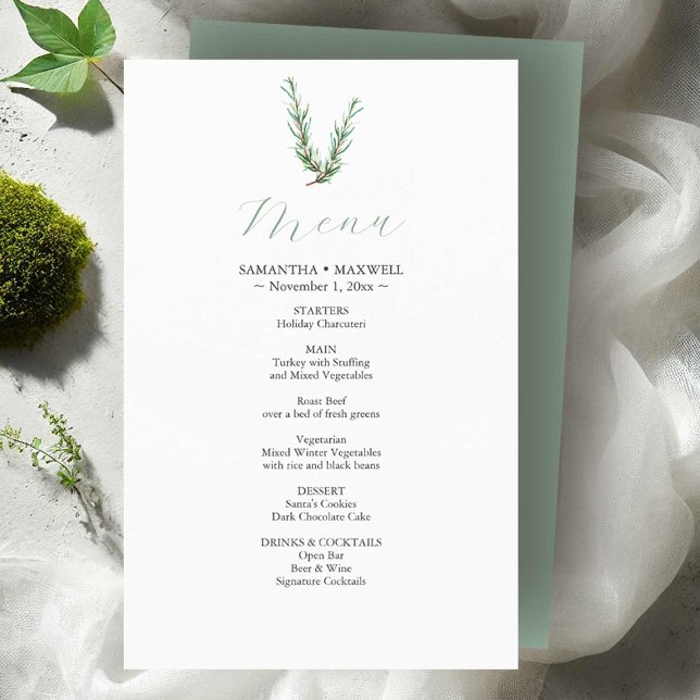 Rustic Watercolor Rosemary Budget Wedding Menus Flyer (Wedding menu card with a sprig of watercolor botanical art by Victoria Grigaliunas Do Tell A Belle)