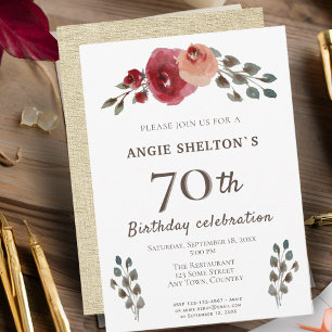 Rustic Watercolor Roses Floral 70th Birthday Party Invitation