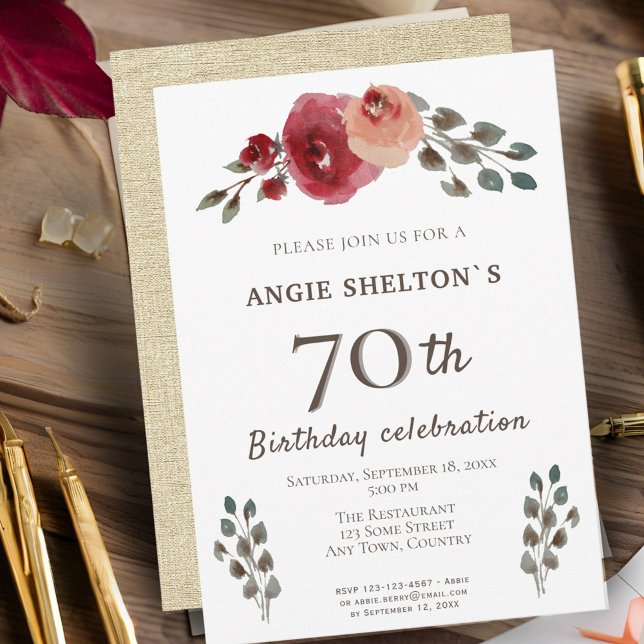 Rustic Watercolor Roses Floral 70th Birthday Party Invitation (Creator Uploaded)
