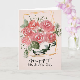 Rustic Watercolor Roses in a Teacup   Mother’s Day Card