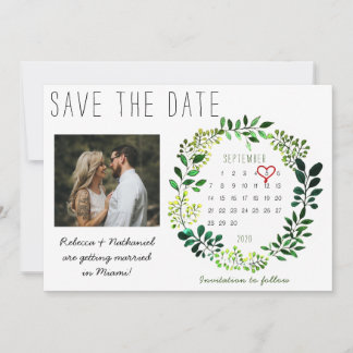 Rustic Watercolor Save the Date Calendar Heart Announcement