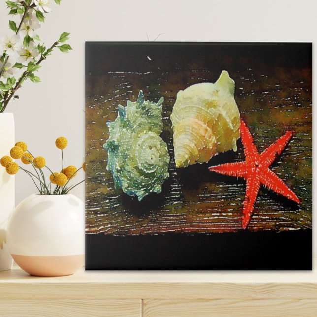 rustic watercolor seashell starfish beach house tile (rustic watercolor seashell starfish beach house ceramic tile)
