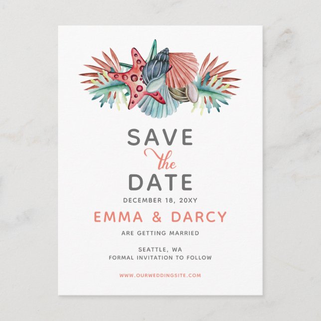 Rustic Watercolor Seashells Starfish Beach Wedding Announcement Postcard (Front)
