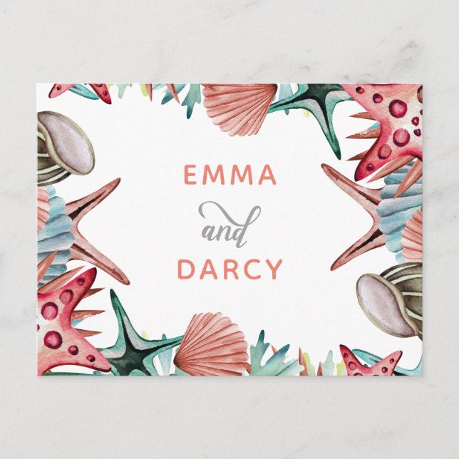 Rustic Watercolor Seashells Starfish Beach Wedding Invitation Postcard (Front)