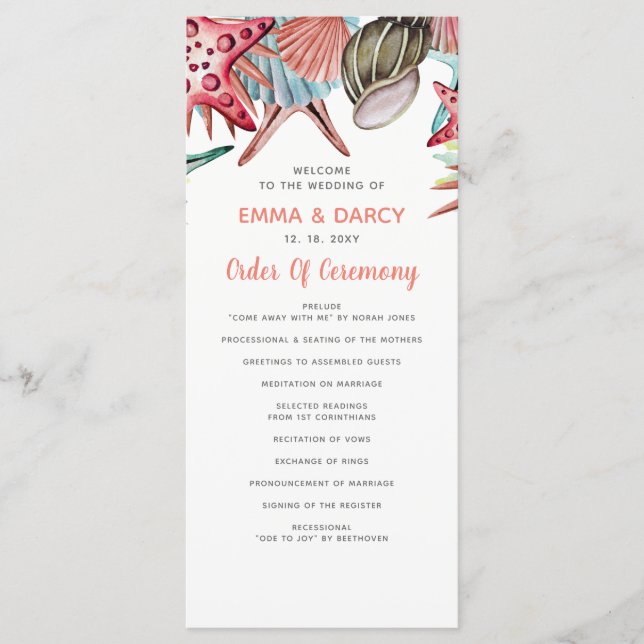 Rustic Watercolor Seashells Starfish Beach Wedding Programme (Front)