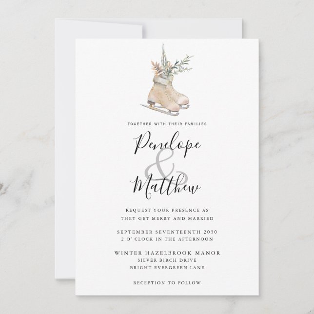 Rustic Watercolor Seasonal Floral Ice-Skating Invitation (Front)