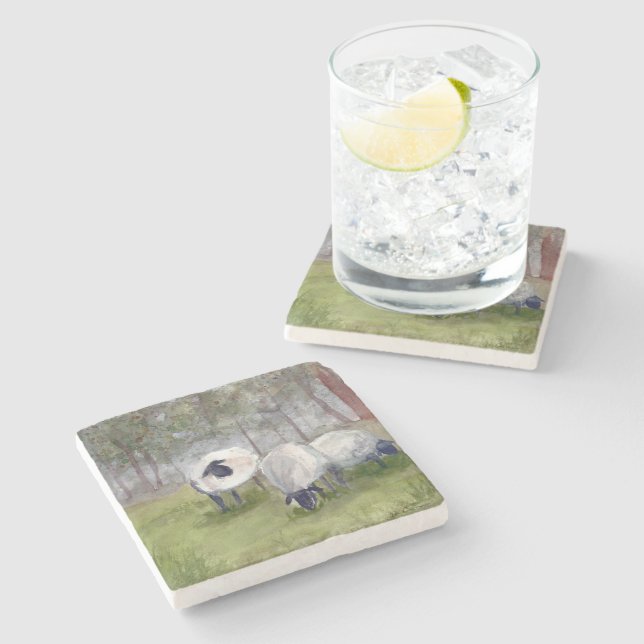 Rustic Watercolor Sheep Stone Coaster (Side)