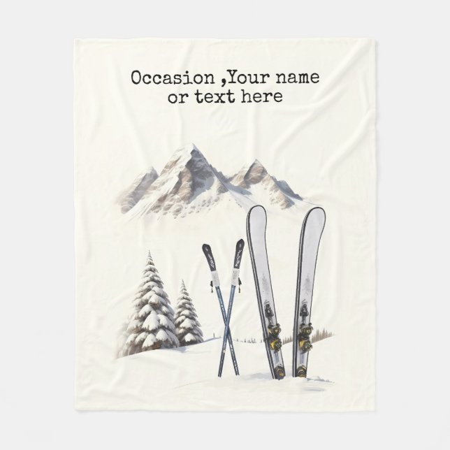 Rustic Watercolor Ski Snow Tree Mountain Winter Fleece Blanket (Front)