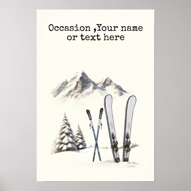 Rustic Watercolor Ski Snow Tree Mountain Winter Poster (Front)