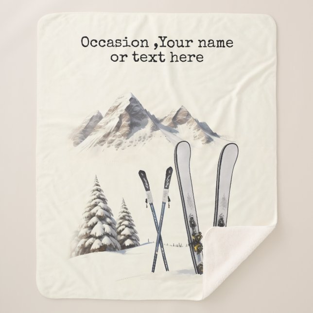 Rustic Watercolor Ski Snow Tree Mountain Winter Sherpa Blanket (Front)