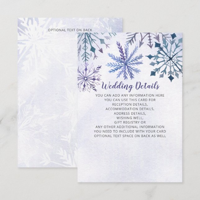 Rustic Watercolor Snowflakes Blue Winter Wedding Enclosure Card (Front/Back)