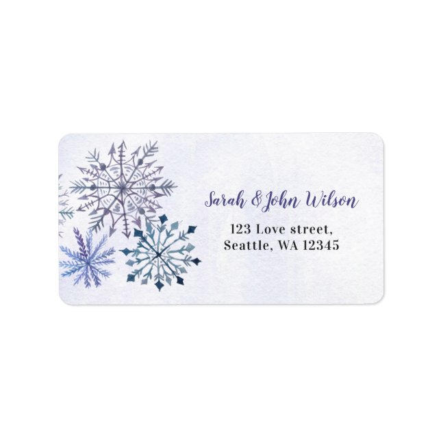 Rustic Watercolor Snowflakes Blue Winter Wedding Label (Front)
