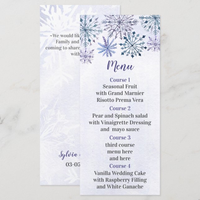 Rustic Watercolor Snowflakes Blue Winter Wedding Menu (Front/Back)