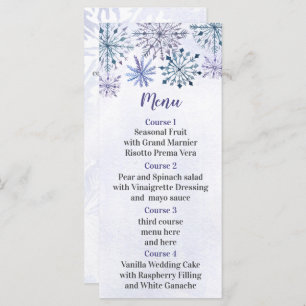 Rustic Watercolor Snowflakes Blue Winter Wedding Menu