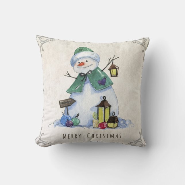 Rustic Watercolor Snowman Merry Christmas Holiday Cushion (Front)