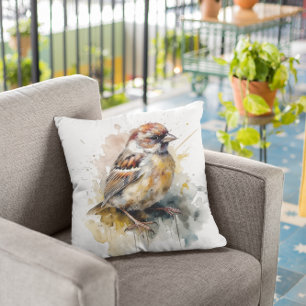 Rustic Watercolor Sparrow Cushion