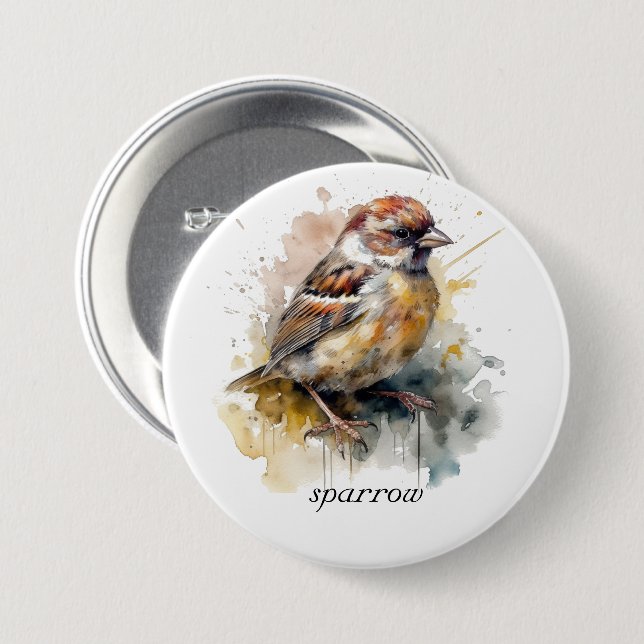 Rustic Watercolor Sparrow, custom 7.5 Cm Round Badge (Front & Back)