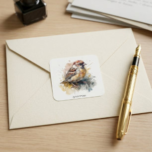 Rustic Watercolor Sparrow, custom Square Sticker