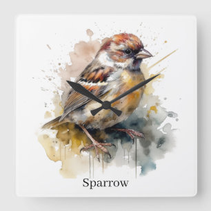 Rustic Watercolor Sparrow, custom Square Wall Clock