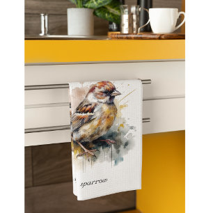 Rustic Watercolor Sparrow, custom Tea Towel