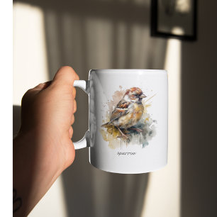 Rustic Watercolor Sparrow, custom Two-Tone Coffee Mug