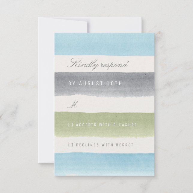Rustic watercolor stripes beach wedding RSVP Card (Front)