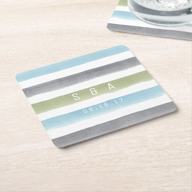 Rustic watercolor stripes monogram beach wedding square paper coaster (Angled)