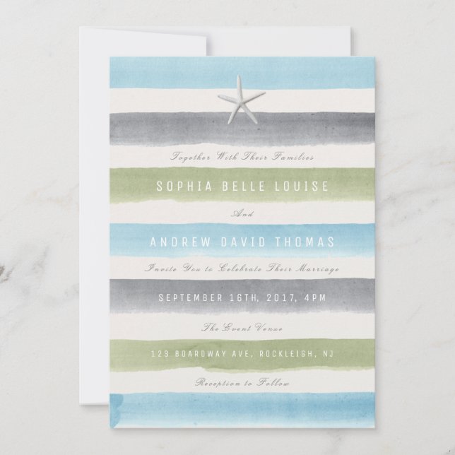 Rustic watercolor stripes nautical beach wedding invitation (Front)