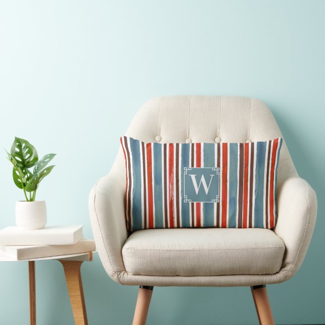 Rustic Watercolor Stripes – Red, Blue, and Brown  Lumbar Cushion (Chair)