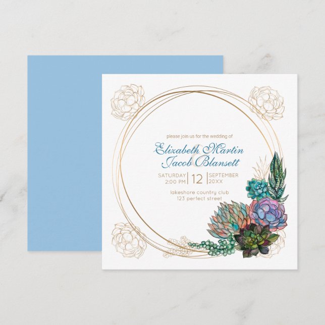 Rustic Watercolor Succulent, blue Wedding Invitation (Front/Back)