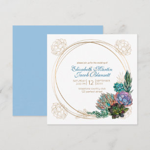 Rustic Watercolor Succulent, blue Wedding Invitation