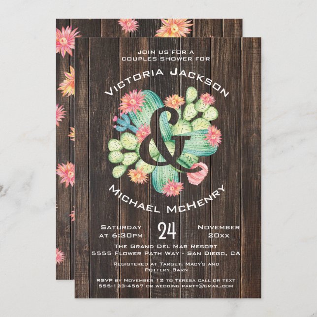 Rustic Watercolor Succulent Bridal Couples Shower Invitation (Front/Back)