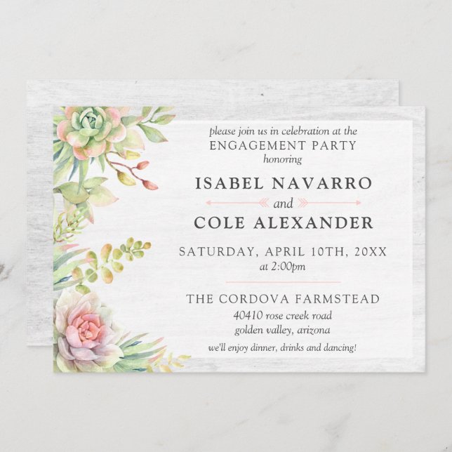 Rustic Watercolor Succulent Cacti Engagement Party Invitation (Front/Back)