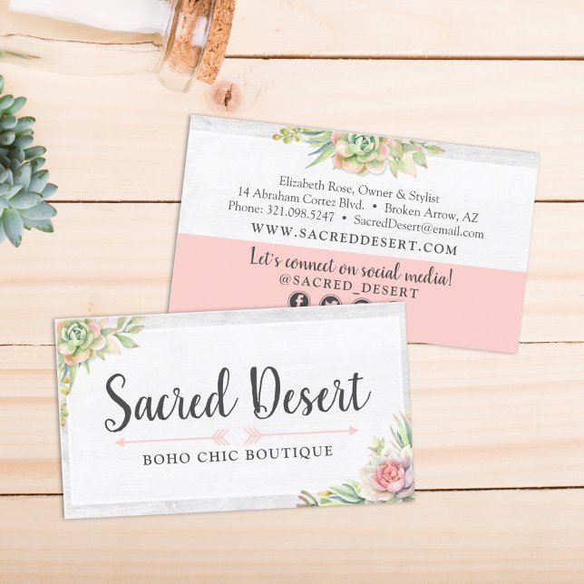 Rustic Watercolor Succulent Cactus Social Media Business Card (Creator Uploaded)