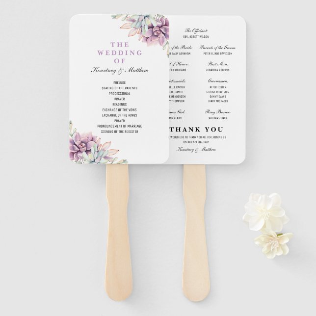 Rustic Watercolor Succulent Floral Wedding Program Hand Fan (Front and Back)